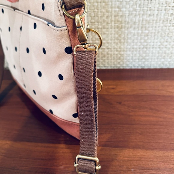 🌟2xHP🌟VTG 1990s Fossil Tan & Navy Passport Style Polka Dot Canvas Crossbody - Picture 5 of 15